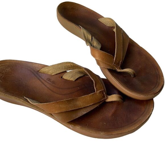 OLUKAI Kaekae Tan Brown Leather Flip Flop Sandals Size 8.5-9 - Picture 6 of 6